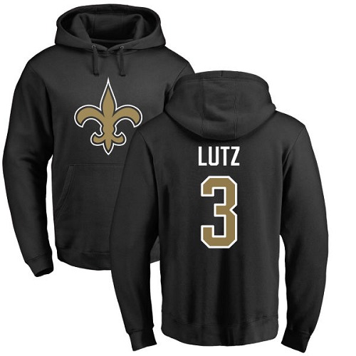 Men New Orleans Saints Black Wil Lutz Name and Number Logo NFL Football #3 Pullover Hoodie Sweatshirts